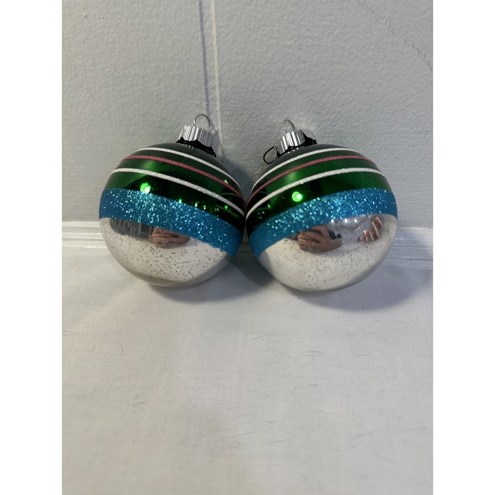 Vintage Radko Shiny Brite Green Striped Ball Glitter Ornament set Xmas‎ Tree (2)
